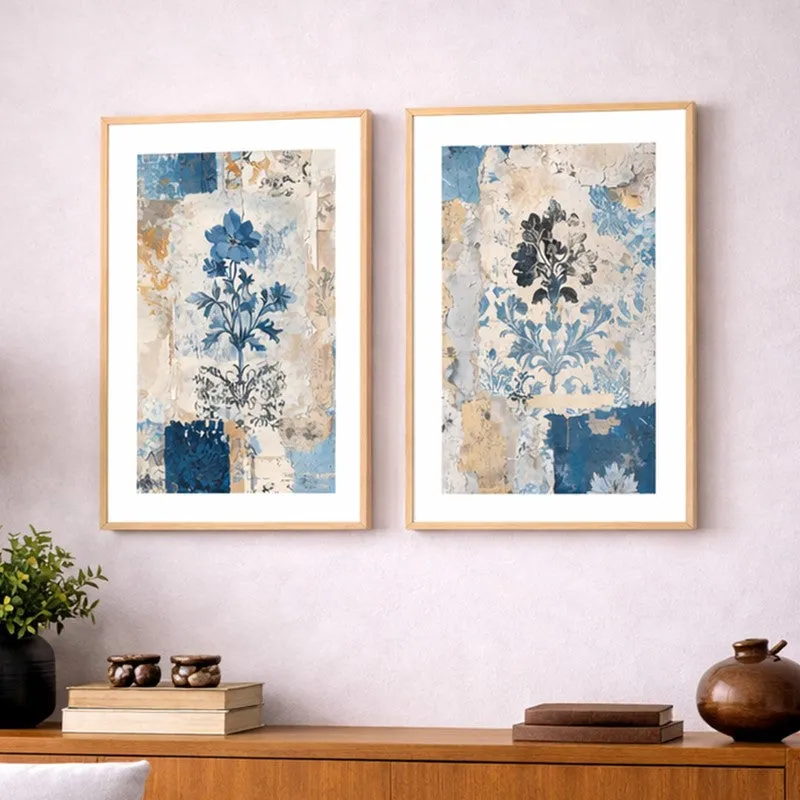 Blue Flora Charm Paper Wall Art With Frame - Set Of Two media 1