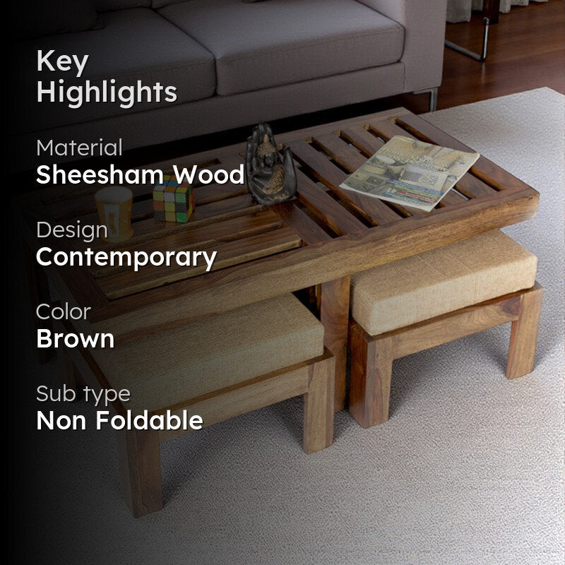 Dravon Sheesham Wooden Center Table with Stools (Brown) - Five Piece Set media 2