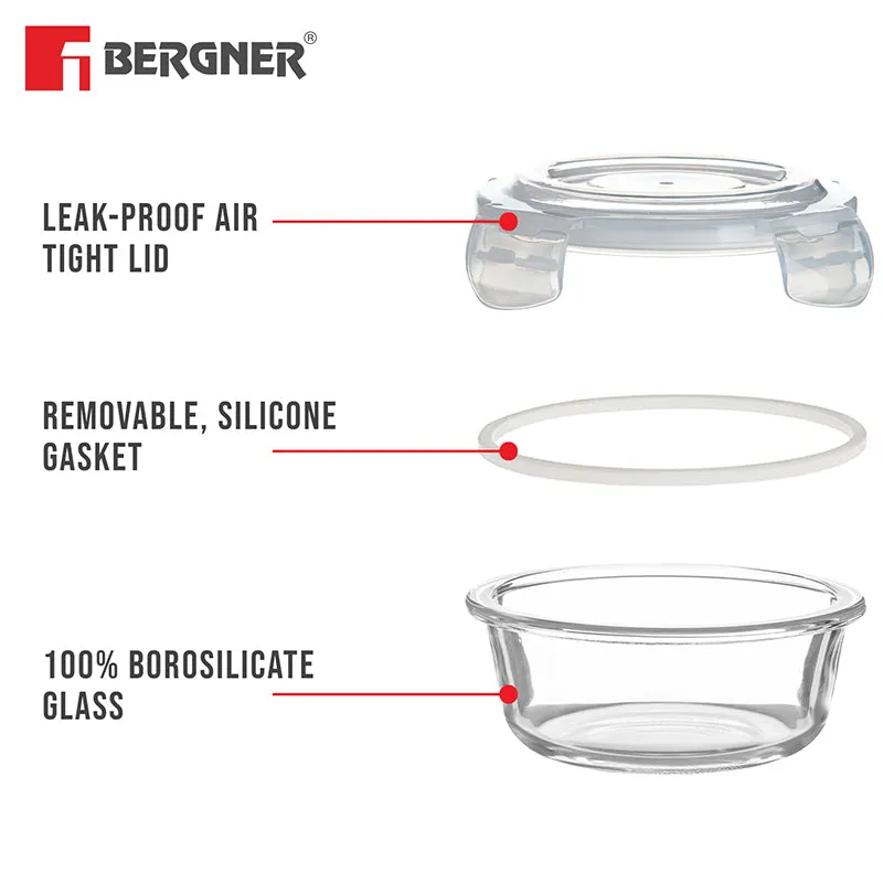 Transparent glass container, clear lid and removable silicone gasket shown separately