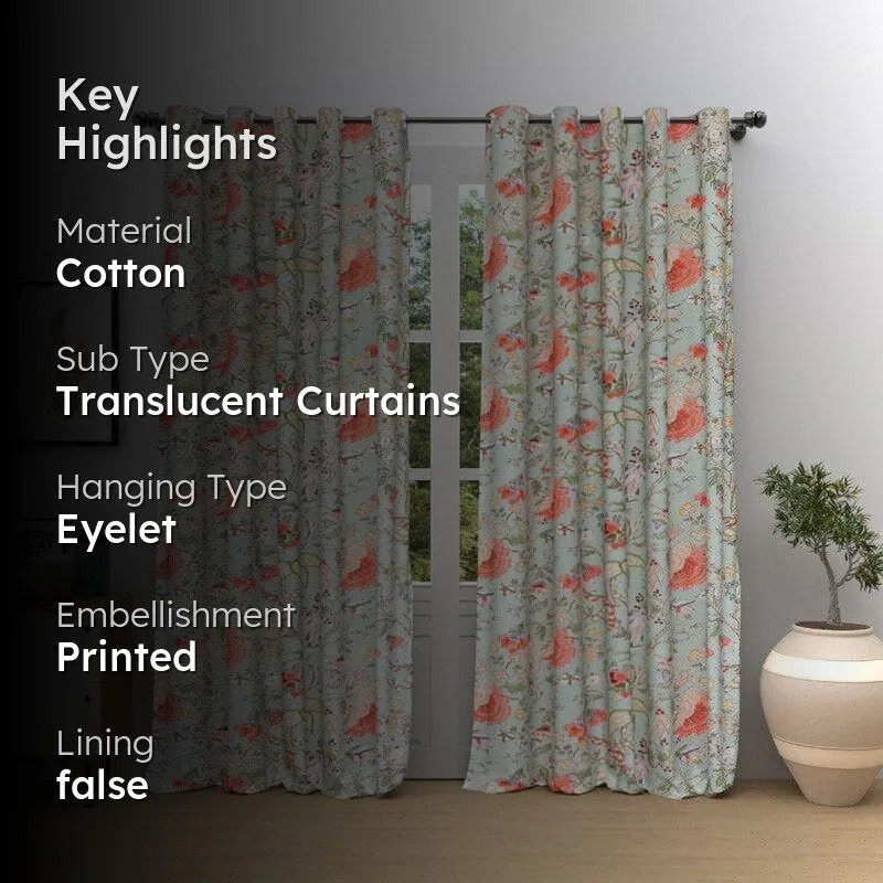 Two pale aqua floral curtains shown in a room setting with printed feature details.