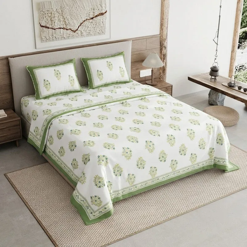 Rang Flow Cotton Bedsheet (Parrot Green,White) - 120 TC media 1
