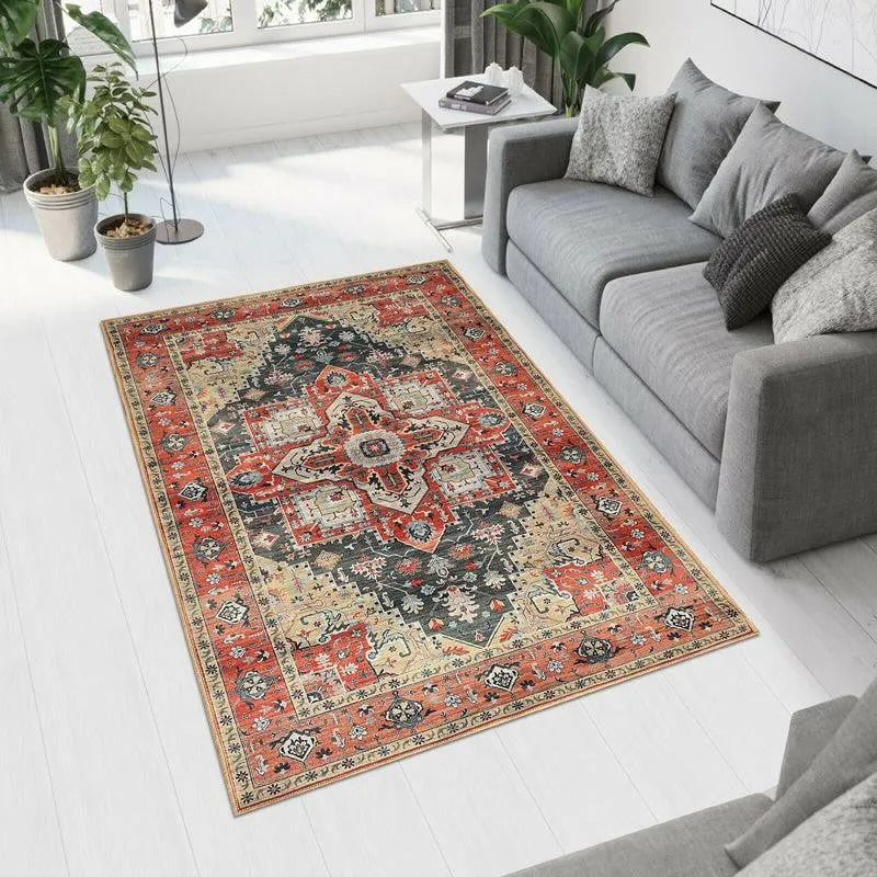Multicolour rectangular carpet styled in a living room beside a grey sofa