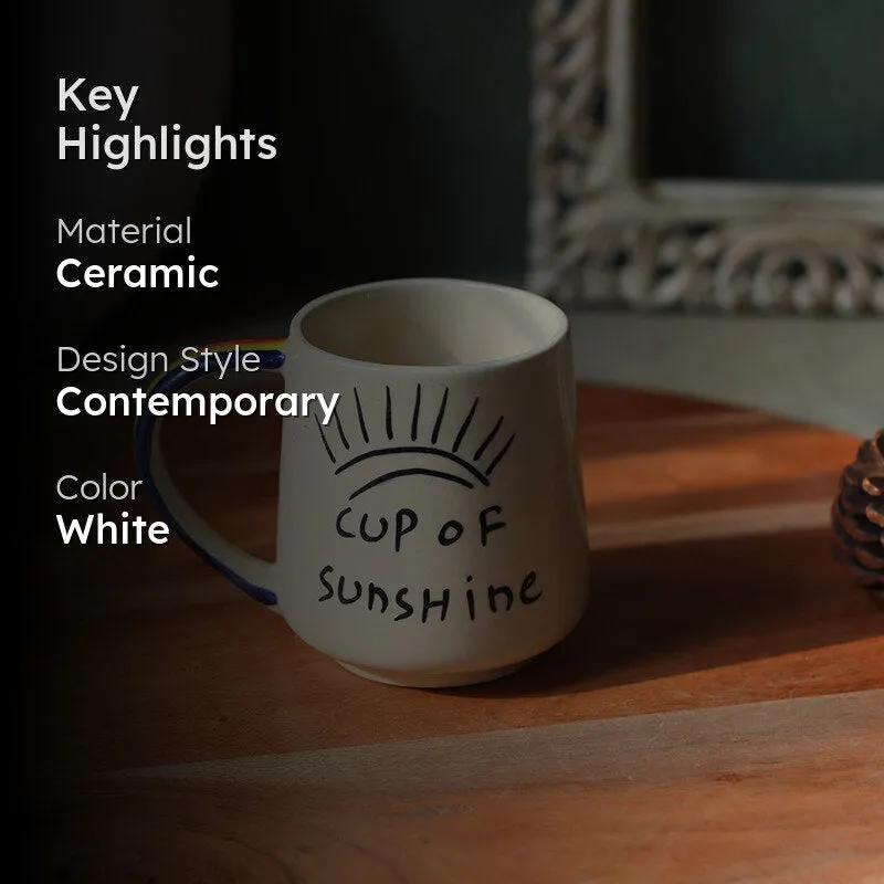 White sunshine mug shown with material, style and colour highlights
