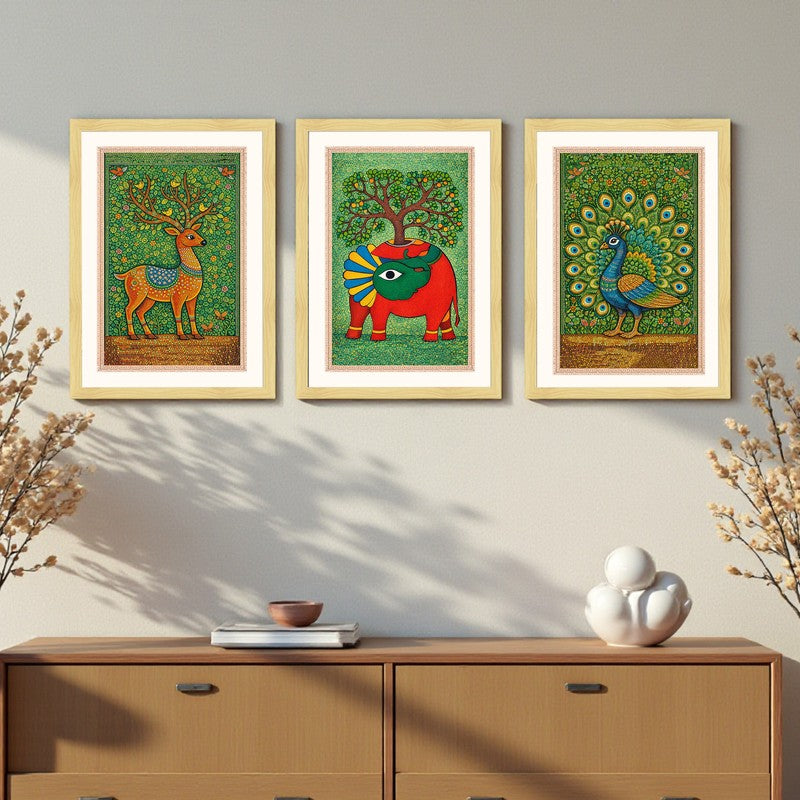 Nature Botanical Paper Wall Painting With Frame - Set Of Three