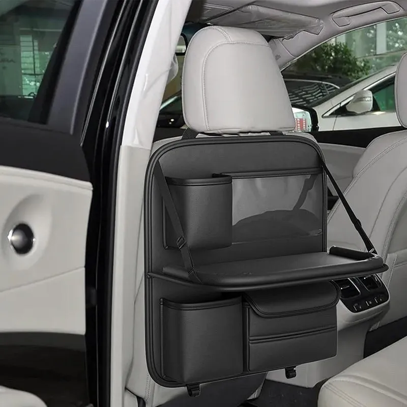 Sleek Seat Leather Car Seat Organizer With Foldable Tray - Dark Grey media 4