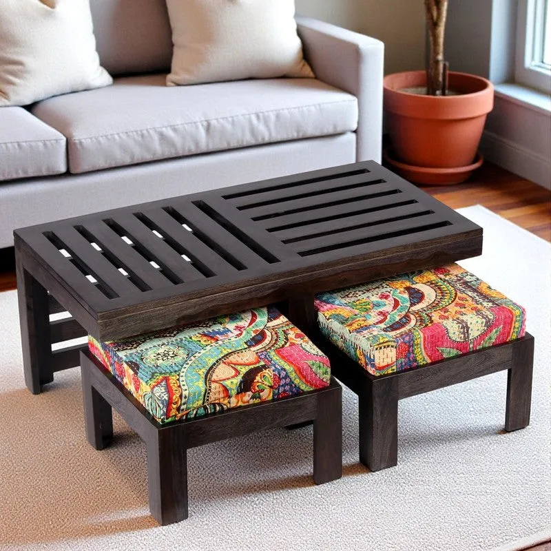 Zavro Sheesham Wooden Center Table with Stools (Deep Brown,Multicolor) - Five Piece Set media 1