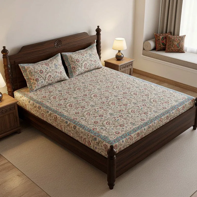 Samuna Floral Cotton Bedsheet (Peach) - 144 TC media 1