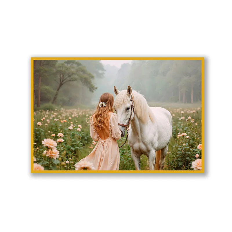 Girl & Horse Cotton Canvas Wall Art with Gold Frame media 3