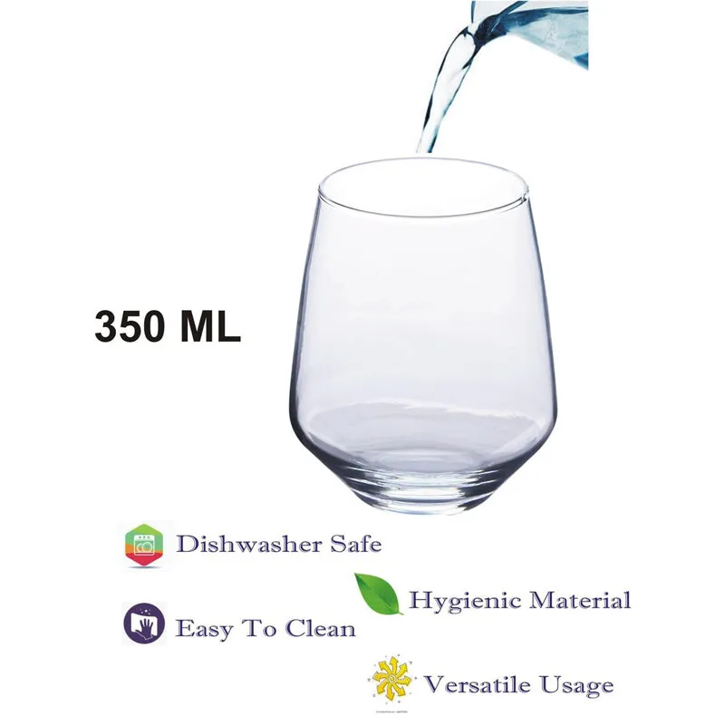 Clear 350 mL tumbler shown with a pouring stream and feature icons.