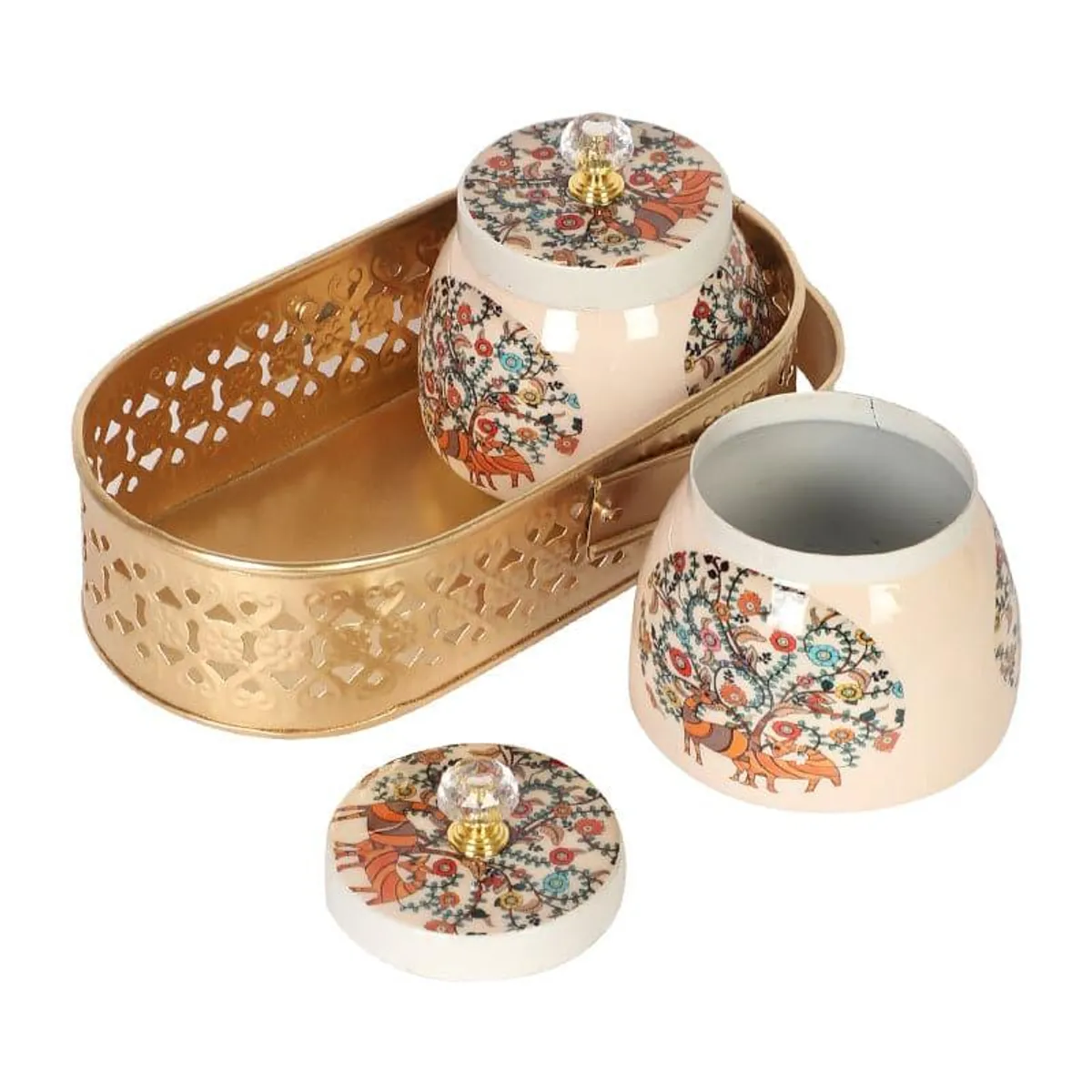 Gold basket with patterned beige containers and decorative lids on a white background