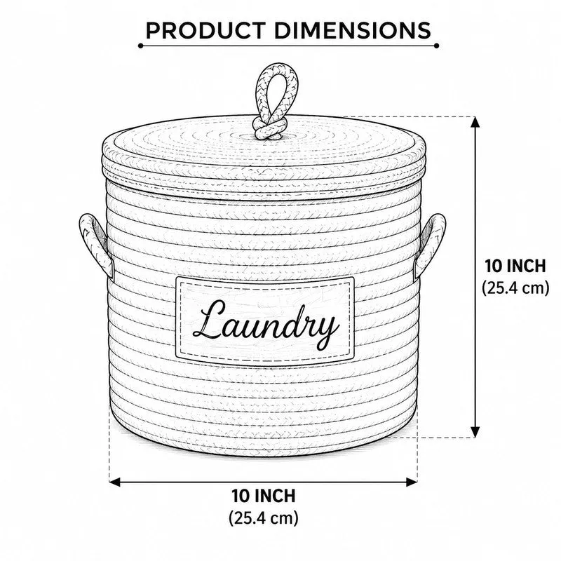 Line drawing of a lidded cylindrical basket with side handles and top loop