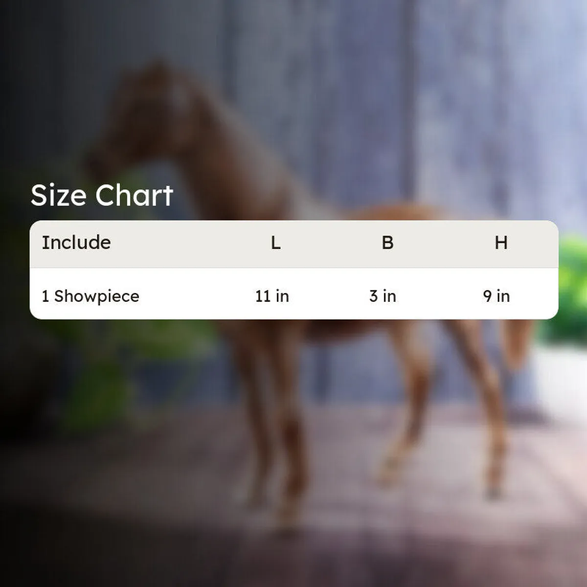 Blurred horse showpiece background with size chart overlay