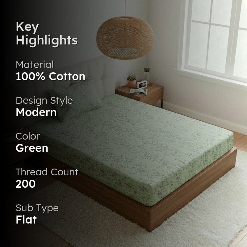 Grassy Flora Printed Cotton Bedsheet (Green) - 200 TC media 2