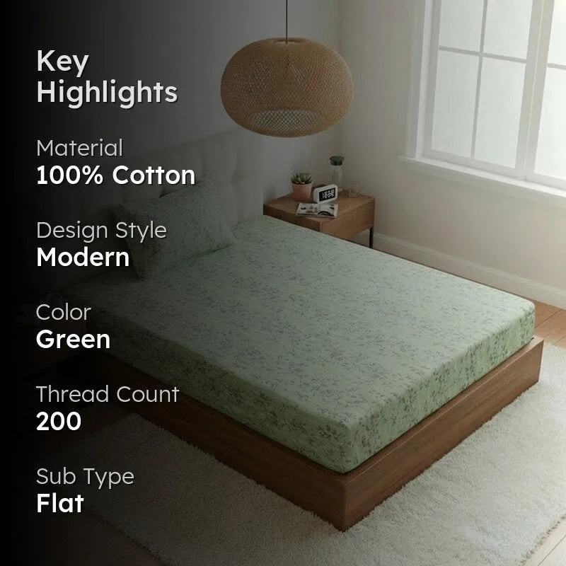 Grassy Flora Printed Cotton Bedsheet (Green) - 200 TC media 2