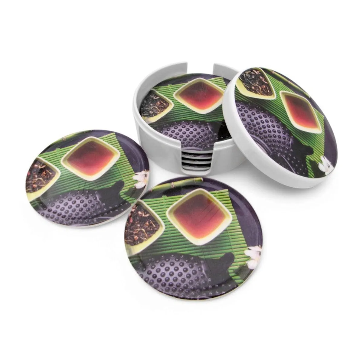 Coaster set with white holder, open lid, and two round coasters on a white background