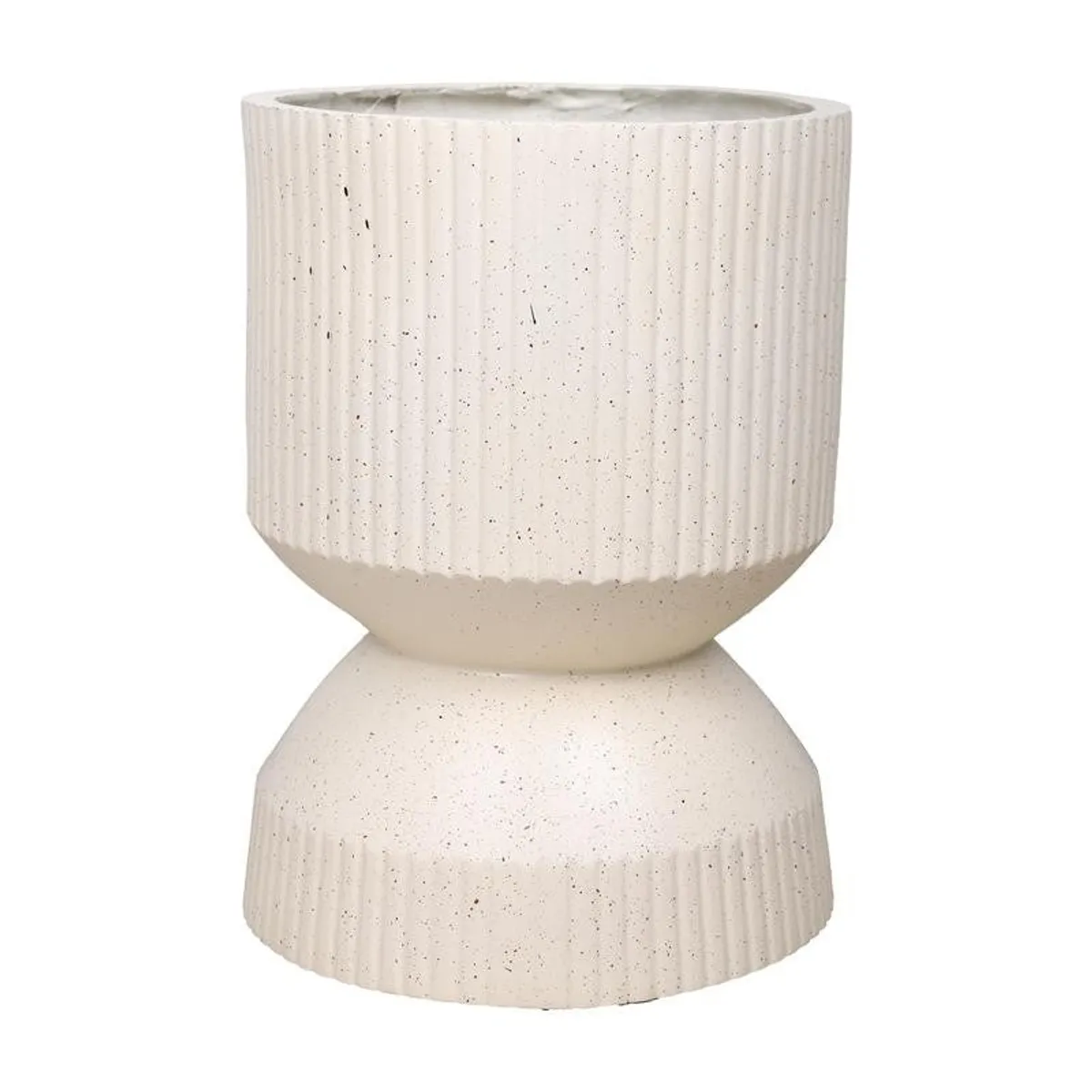 Close product view of the off-white speckled planter with ribbed sides.