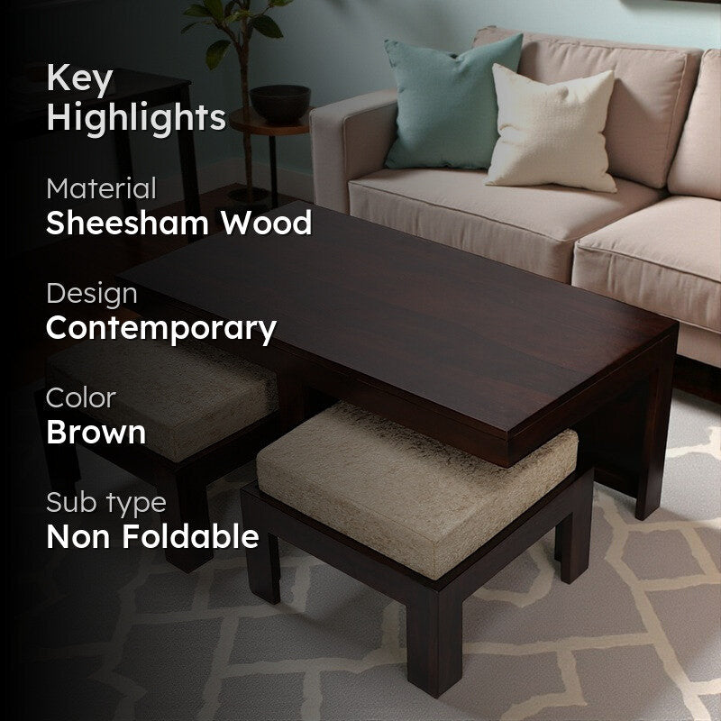 Drexon Sheesham Wooden Center Table with Stools (Deep Brown,Grey) - Five Piece Set media 2