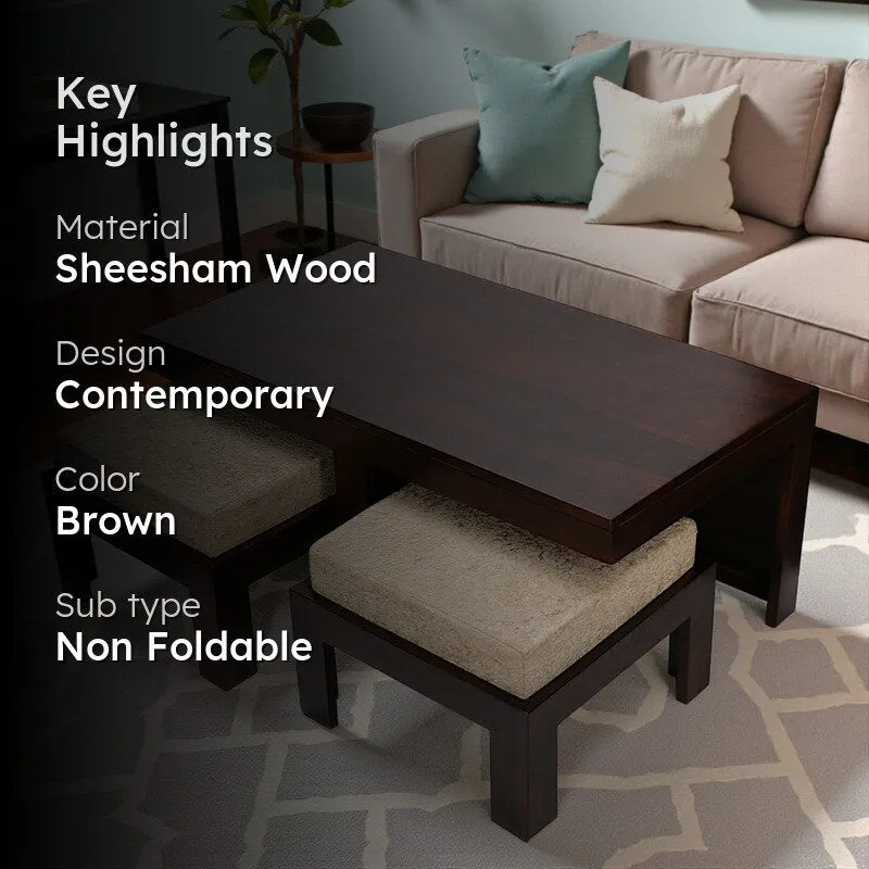 Drexon Sheesham Wooden Center Table with Stools (Deep Brown,Grey) - Five Piece Set media 2