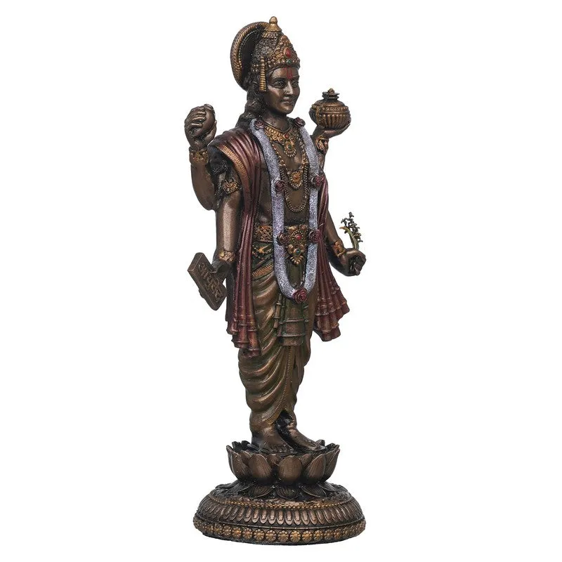 Three-quarter side view of a bronze-toned Dhanvantari idol