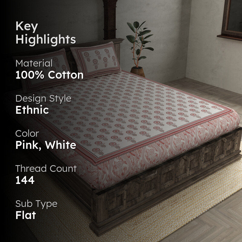 Ananya Floral Printed Cotton Bedsheet (Pink) - 144 TC media 2