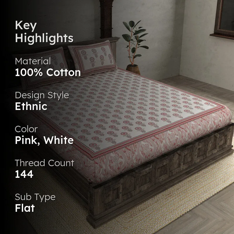 Pink and white floral bedsheet on bed with key highlights overlay