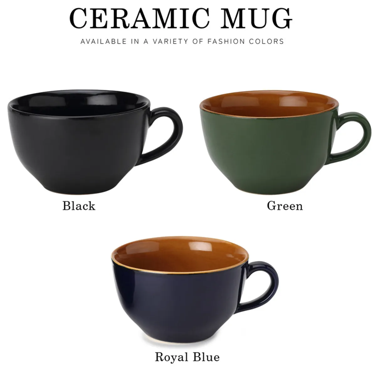 Close-up detail of the curved handle on a black ceramic mug