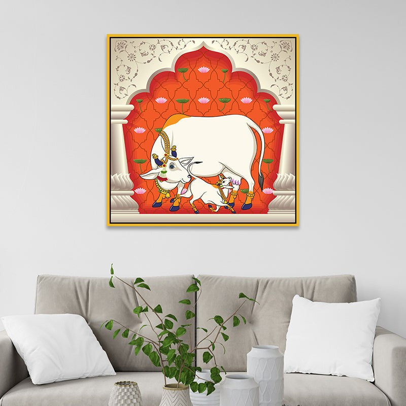 Bovine Bliss Canvas Wall Painting With Frame - Gold