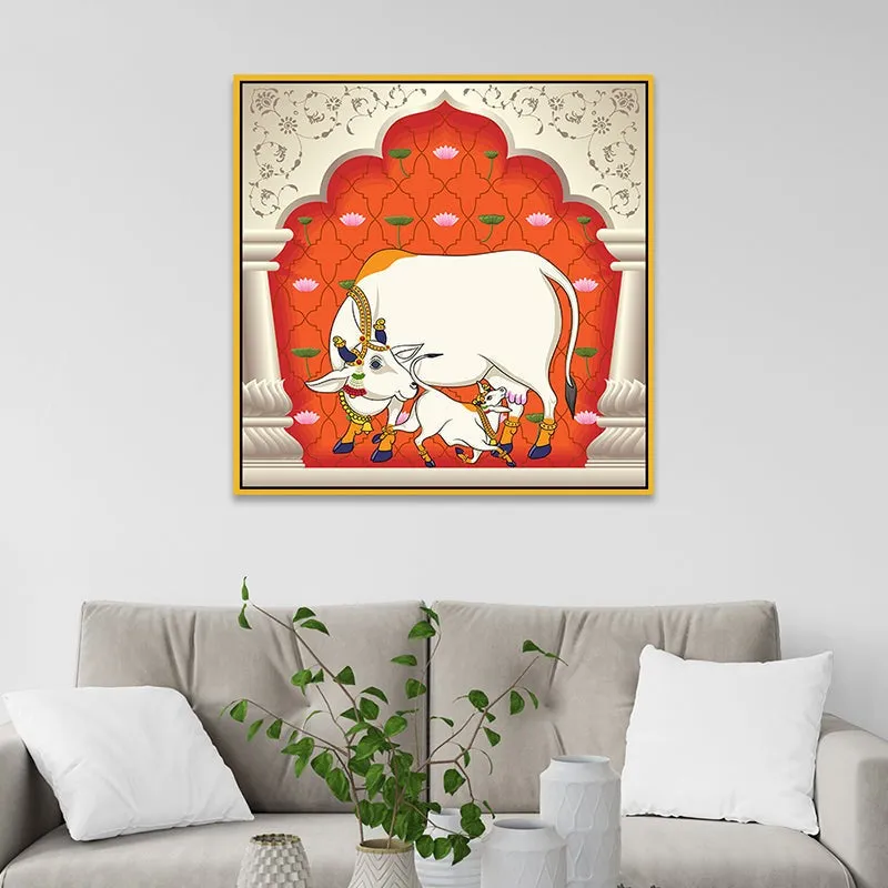 Bovine Bliss Canvas Wall Painting With Frame - Gold media 1