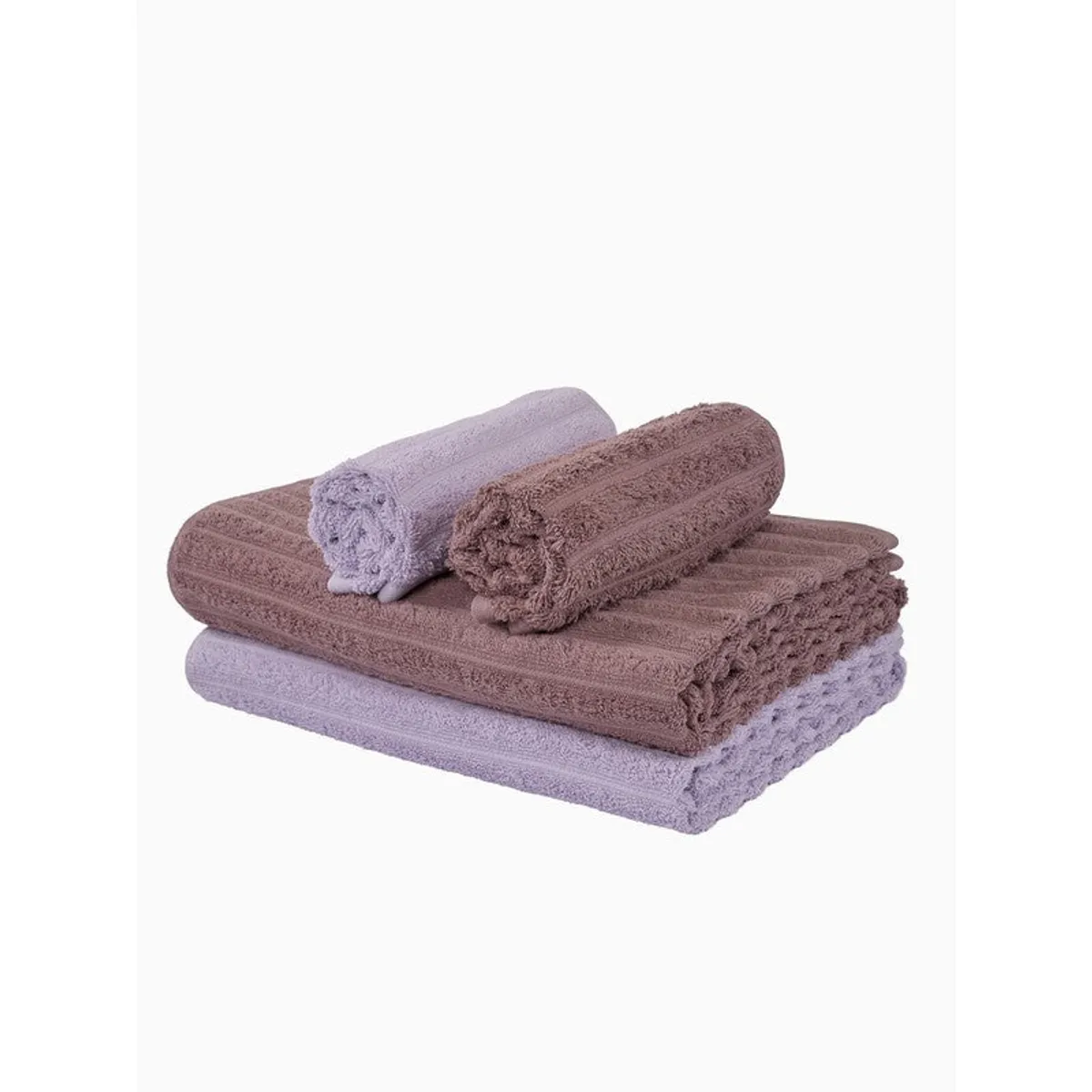 Stacked purple and brown towels on a white background
