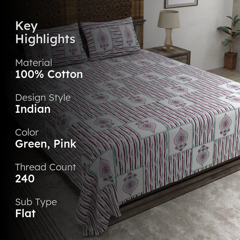 Desior Cotton Bedsheet (Green,Pink) - 240 TC media 2
