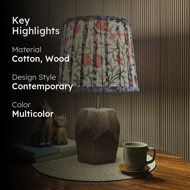 Floral Slat Wooden Base Cotton Table Lamp - Multicolor media 2
