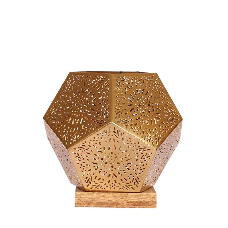Hexa Flora Etched Metal Table Lamp With Wooden Base - Gold media 4