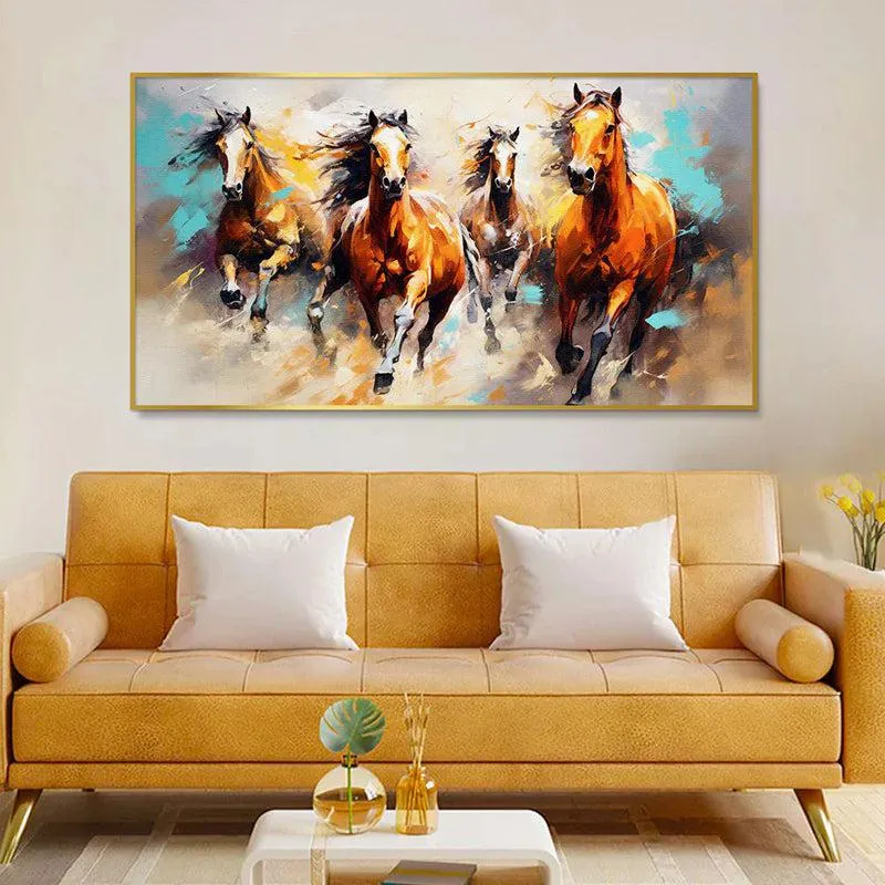 Roan Stallions Canvas Wall Painting With Frame - Gold media 1