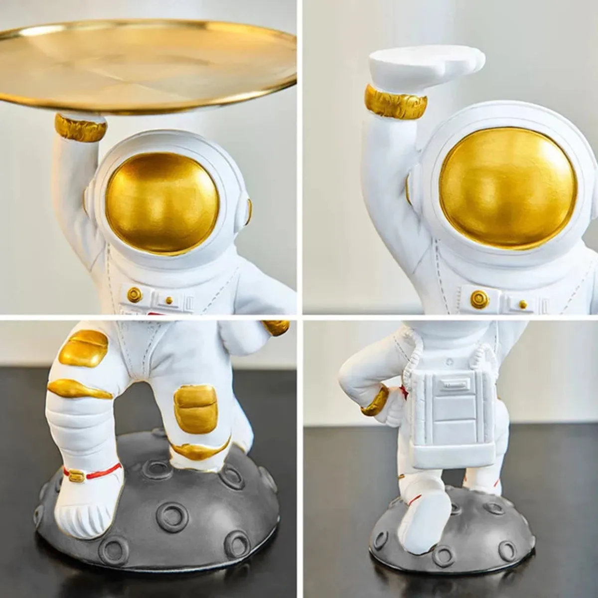 Collage showing close-up front, side and back views of the astronaut showpiece