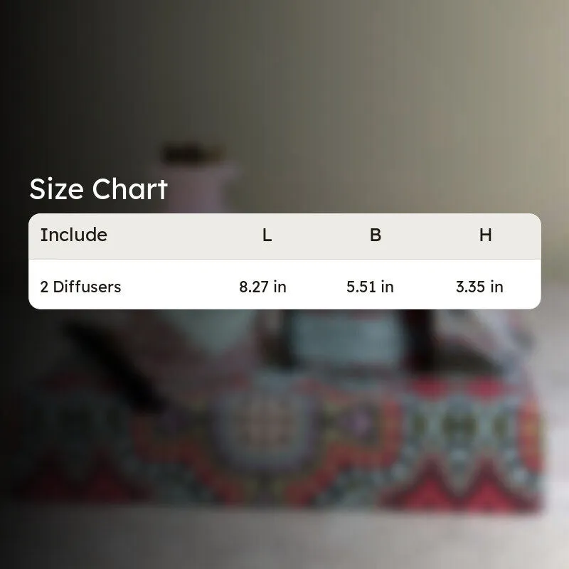 Product size chart graphic shown over a blurred diffuser image