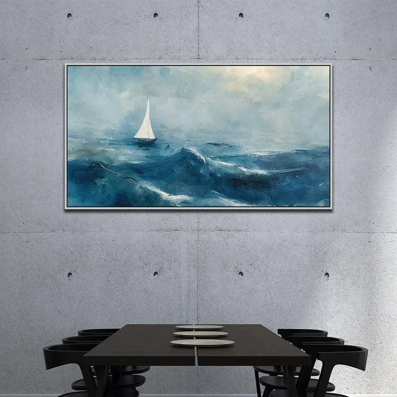 Solitude In Blue Landscape Canvas Wall Painting With Frame - White media 1