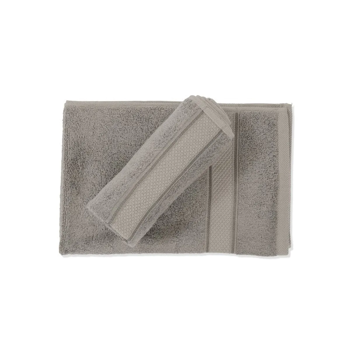 Two light grey hand towels stacked on a white background