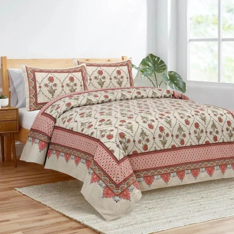 Mughal Jaali Printed Cotton Bedsheet (Red & Beige) - 120 TC media 1