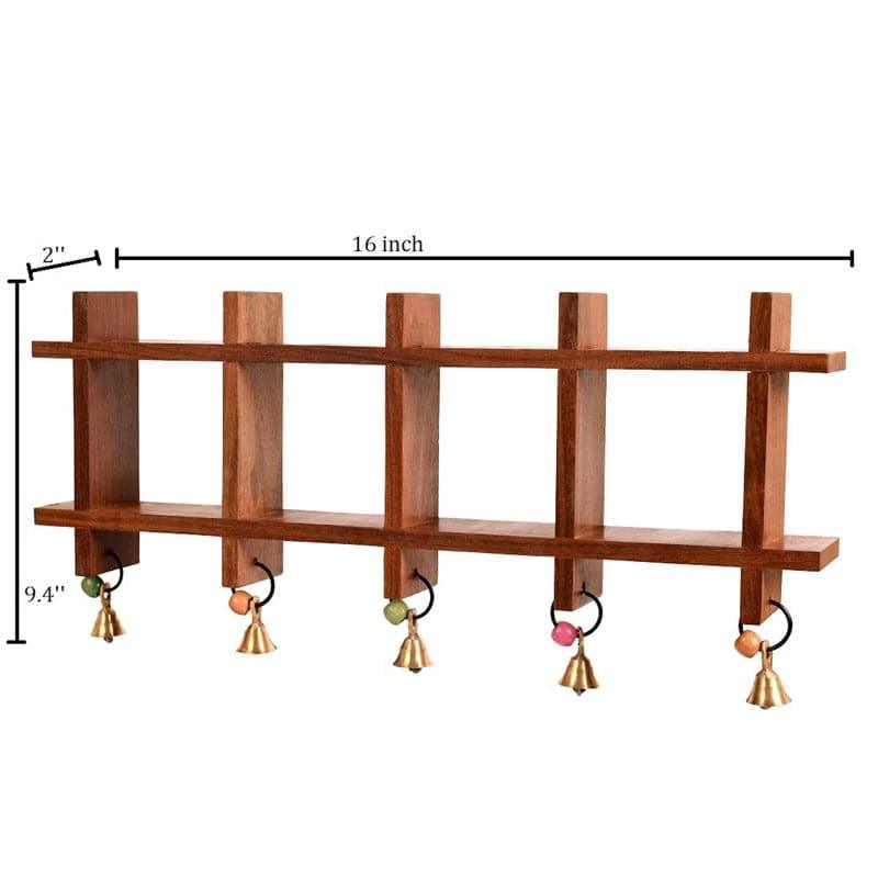 Pelu Grided Wooden Wall Shelf With Warli Pot - Five Piece Set media 5