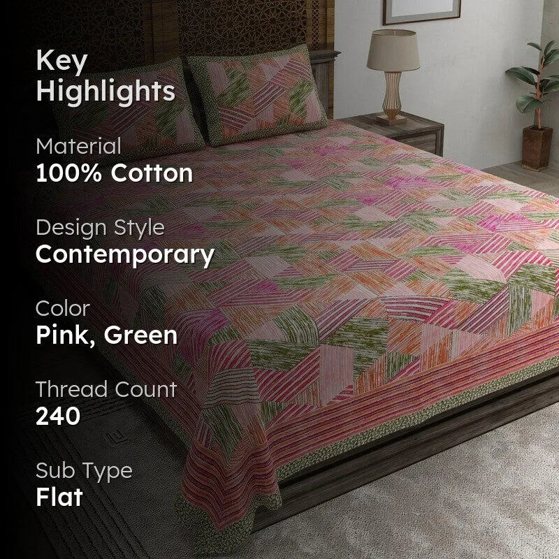 Softio Cotton Bedsheet (Pink,Green) - 240 TC media 2