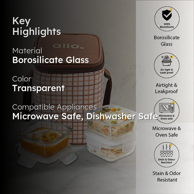 Oliva Square Glass Lunch Box With Lunch Bag (320 ML) - Four Piece Set media 2