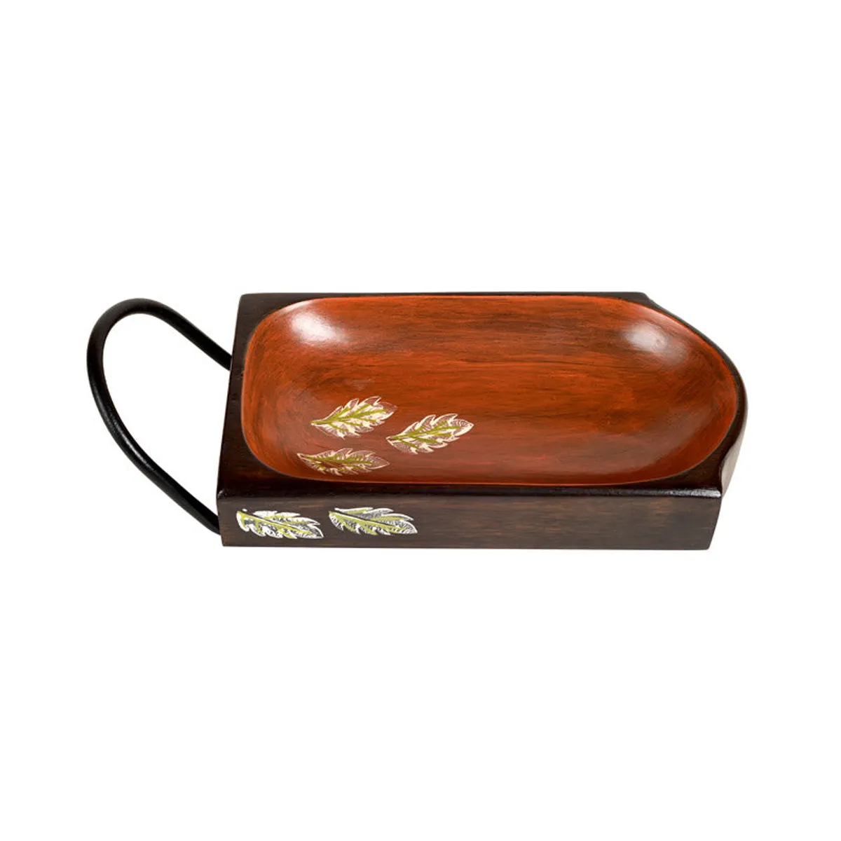 Front view of a brown wooden platter with a black handle and leaf accents