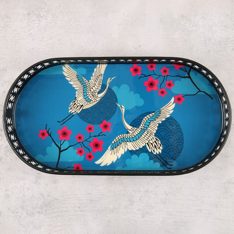 India Circus Cranebloom Blue Rectangle Galvanized Iron Serving Tray media 3