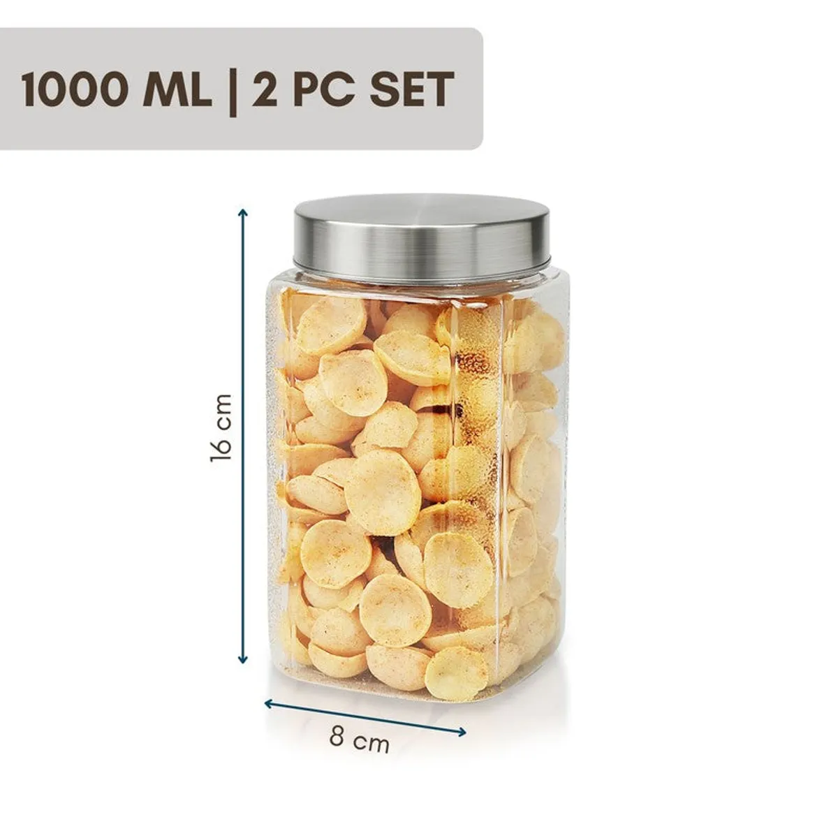 Single transparent container with a silver lid shown upright with dimensions