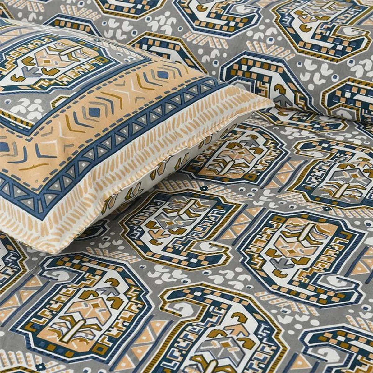 Bedsheet with matching pillow cover in grey, blue and mustard ethnic print