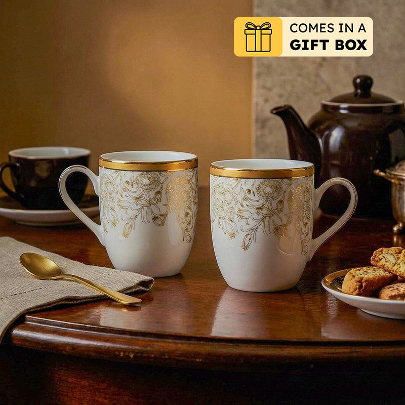 Gilded Iris 24k Gold Brushed Porcelain Coffee Mug (300 mL Each/Gold) - Set Of Six