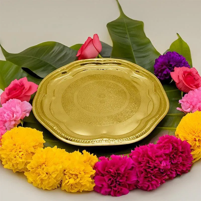 Decorative Engraved Floral Brass Pooja Thali media 1