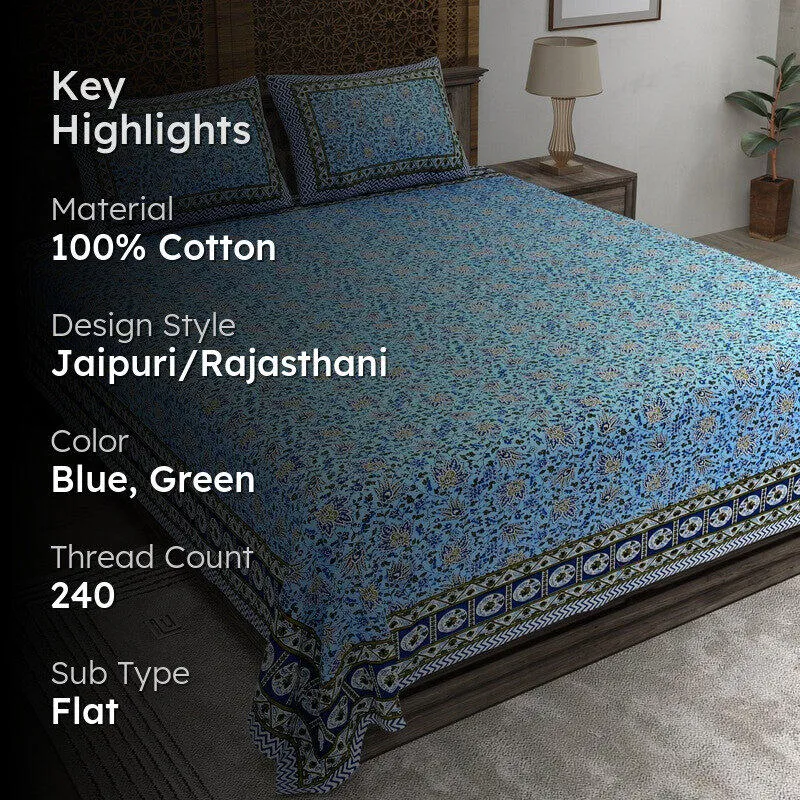 Geora Cotton Bedsheet (Blue,Green) - 240 TC media 2