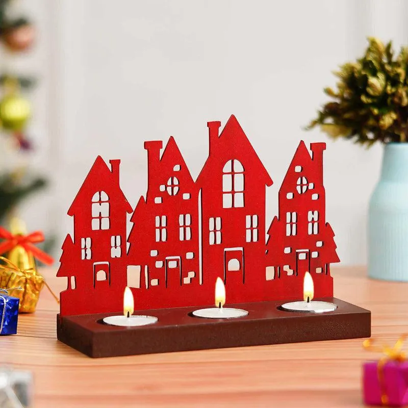 Holiday Village Wood Christmas Tea Light holder - Red media 1