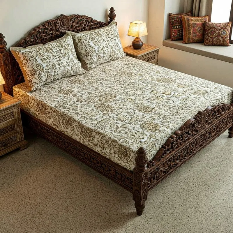 Micola Floral Printed Cotton Bedsheet (Brown) - 120 TC media 1